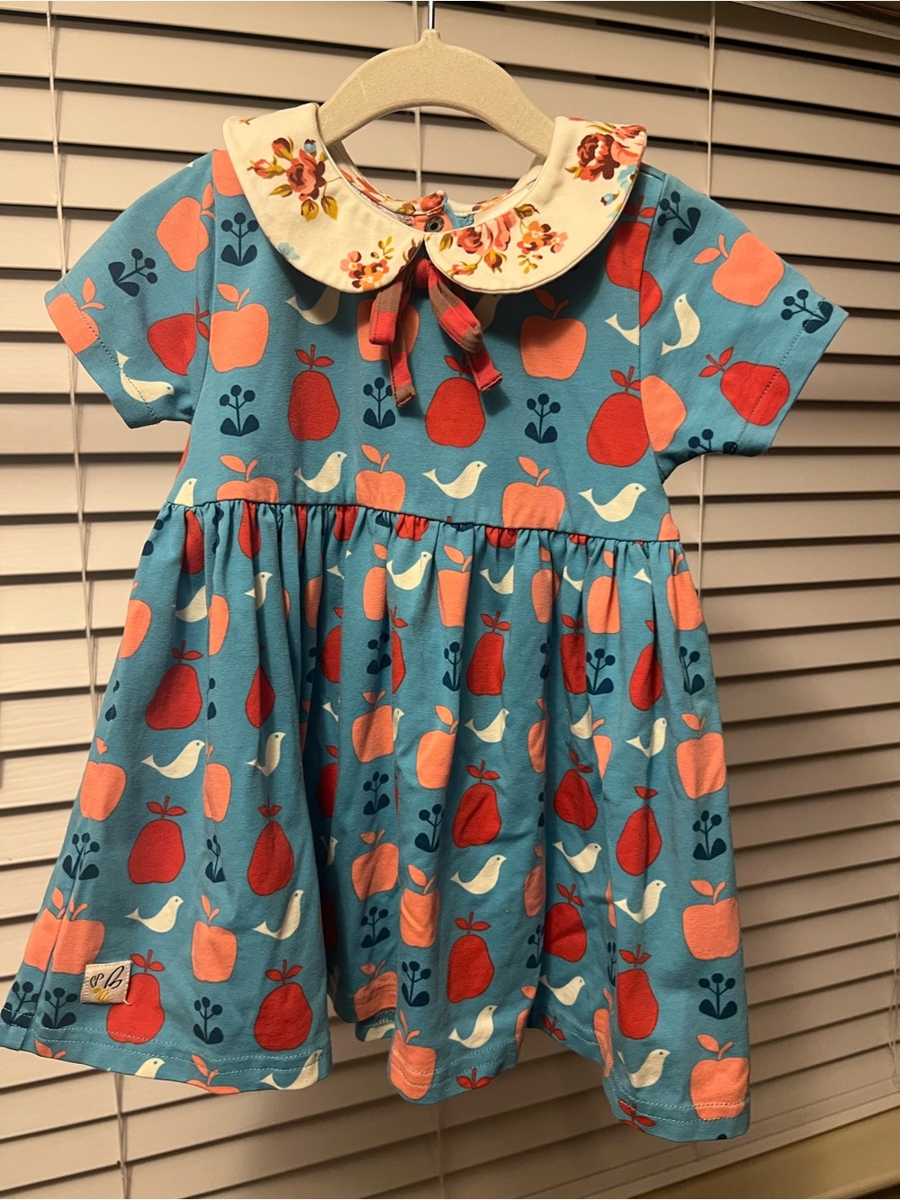 Wildflowers Teal Dress with Coral Apple & White Bird Print